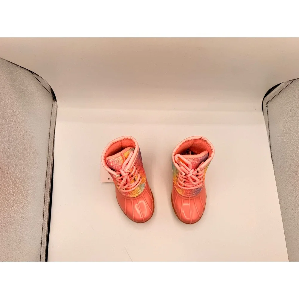 Josmo Girls Pink Glitter Rainbow Duck Boot Lace Up Faux Fur Lined Size 7 Toddler